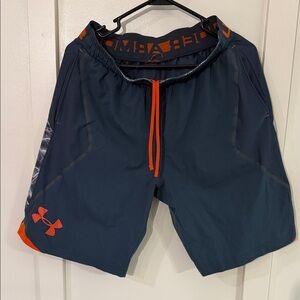 Under Armour Men's Dark Blue and Bright Orange Athletic Shorts